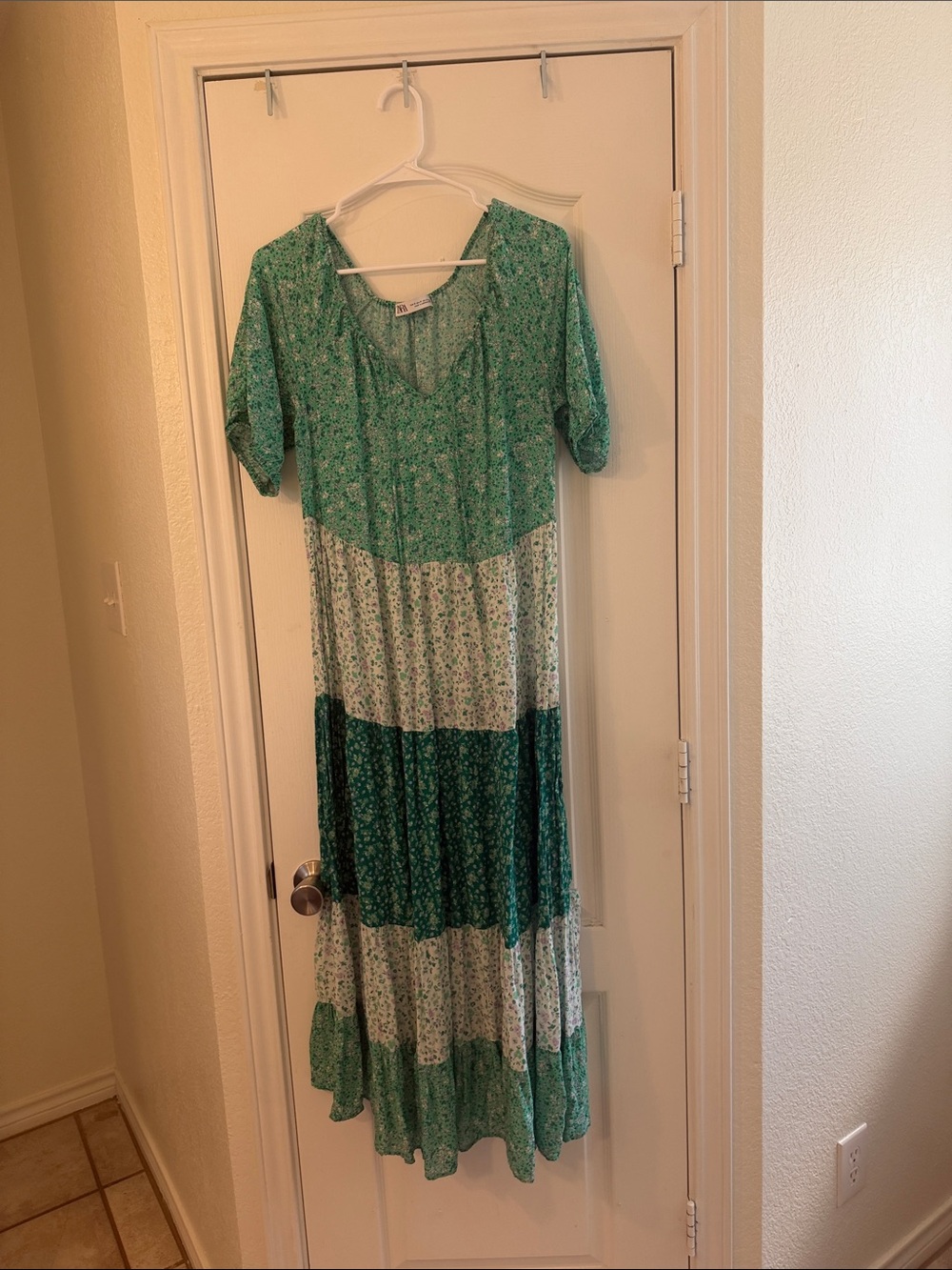 Zara Green Floral Tiered Patchwork Maxi Dress